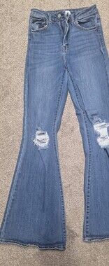 Cello Women's Light Blue Flare Jeans with Knee Distressing